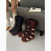 栢香妮2025秋冬新款复古真皮拼色绑带百搭休闲高筒马丁靴拳击靴女