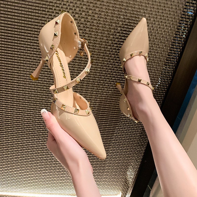 elegant high heels pointed-toe with studs nude stiletto heels