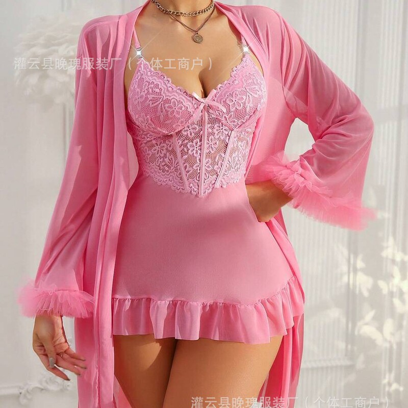 Cross-Border European and American Lace See-Through Women's Lingerie Camisole Nightgown Set Sexy Home Robe Wholesale