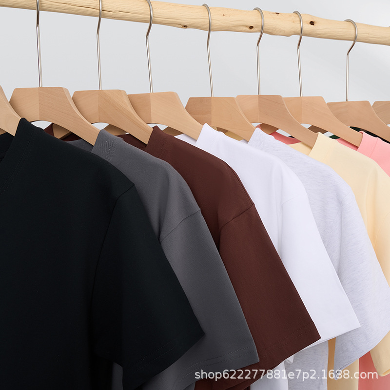 Source Factory 220g Heavyweight Pure Cotton Round Neck Short-Sleeve Men's Loose Basic Style Slightly Dropped Shoulder T-Shirt with Logo Printing Option for Women