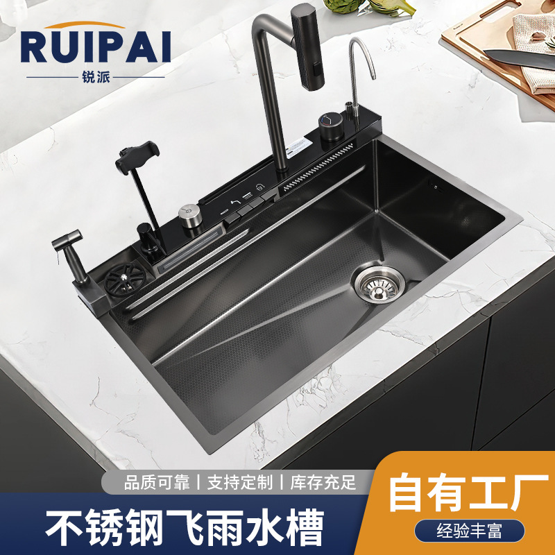 Cocina lavabo de acero inoxidable lavavajillas multifuncional incrustado en cascada de lluvia volante