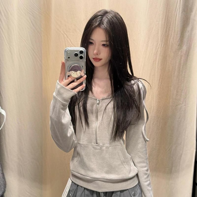 Women's half-zip hooded sweatshirt, 2026 new autumn collection, featuring a BM-style lace patchwork design and a faux two-piece look, long-sleeved top