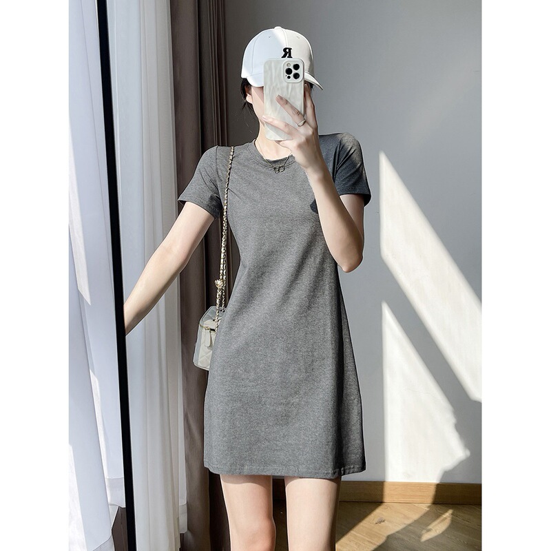 Round Neck Gray Waist-Cinching Short-Sleeved T-Shirt Mid-Length Dress Summer Simple Versatile Slim-Fit Casual Dress