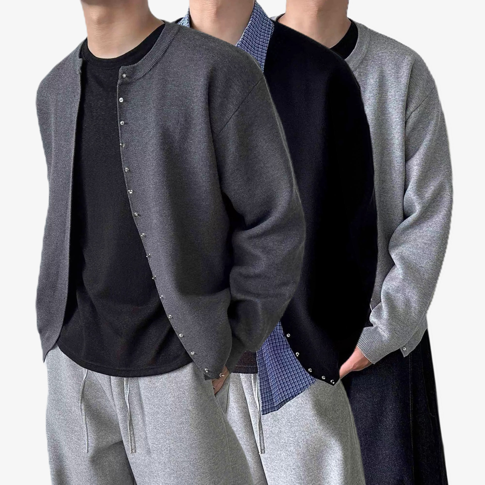 Explosiones transfronterizas de tamaño europeo de remaches de hebilla metálica cardigan chaqueta suéter hombre otoño invierno fábrica al por mayor