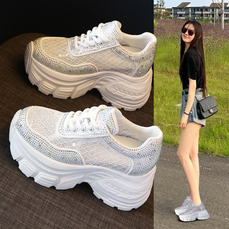Giày sneaker nữ đế dày lưới thoáng khí đính đá rhinestone — Màu trắng