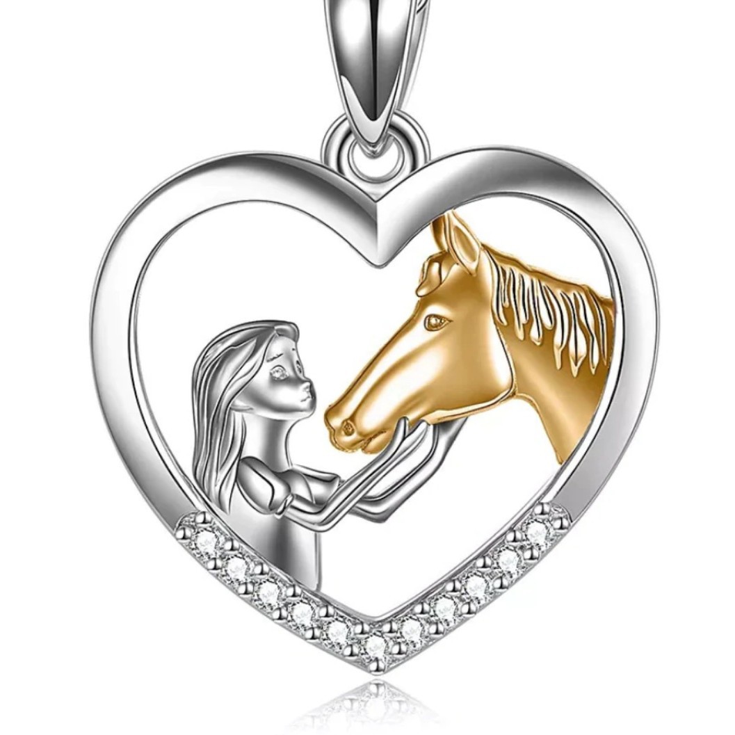 Celebridad en línea transfronteriza Amazon moda europea y americana collar en forma de corazón niña y caballo colgante de dos colores joyería de oro rosa
