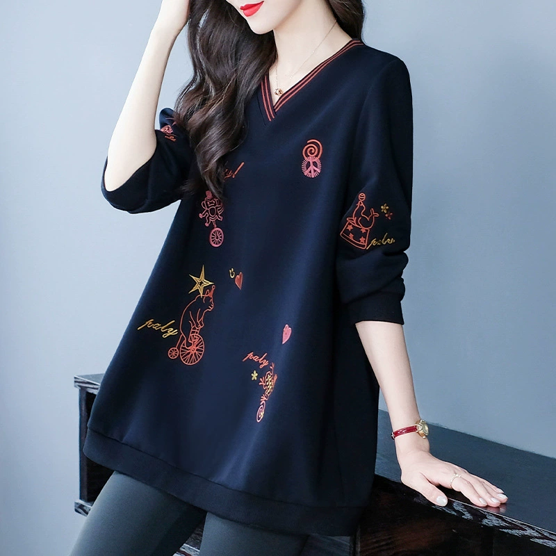 Осенне-зимний Повседневный свитер больших размеров со свободным V-образным вырезом и вышивкой в западном стиле, уменьшающий возраст пуловер средней длины, куртка для женщин среднего и пожилого возраста