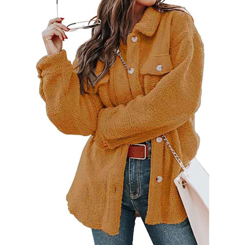Turndown Neckline Women's Casual Solid Color Button Single Breasted Coat Woolen Coat