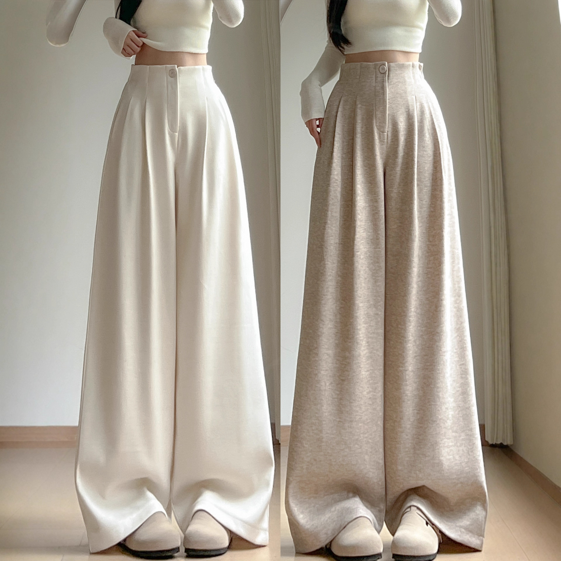 米白色毛呢西装裤女秋冬2025季新款高腰宽松显瘦高级感阔腿糯米裤