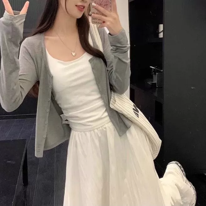 Новый тонкий летний кардиган с защитой от солнца, вязаная юбка на подтяжках, блузка, шаль, куртка, топ из ледяного шелка, кондиционер, прямая продажа