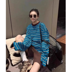 美式复古慵懒蓝色条纹长袖t恤女秋季oversize卫衣圆领海魂衫上衣