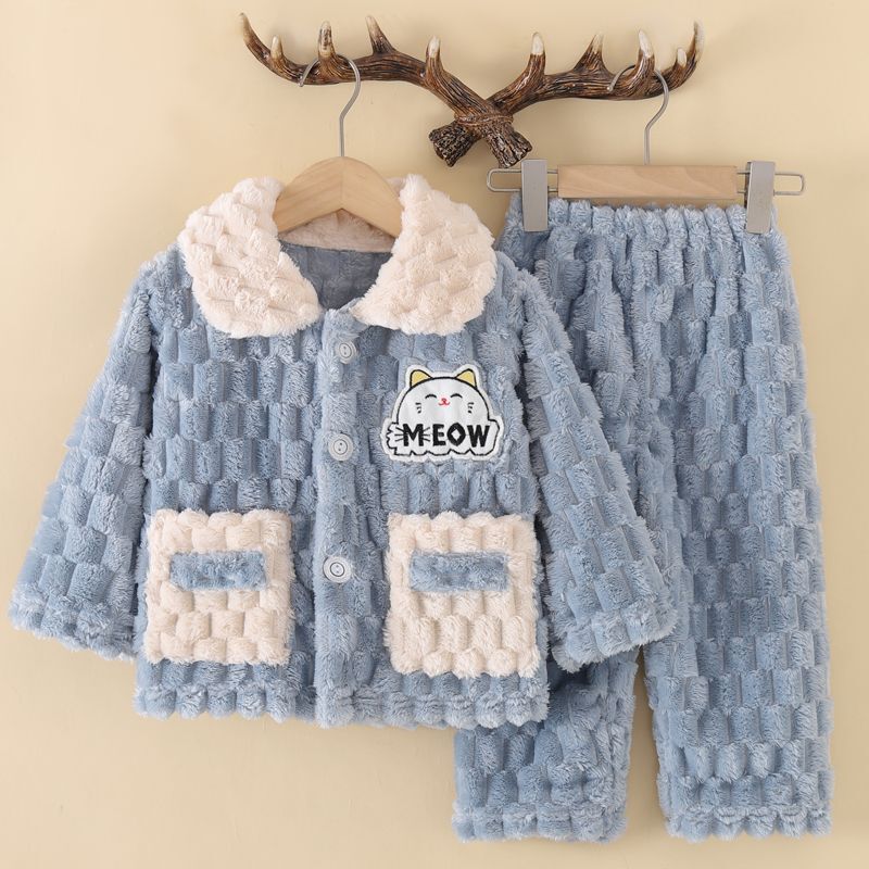 Autumn and winter children's coral fleece pajamas small boys boys fleece-lined thickened girls flannel home clothes wholesale