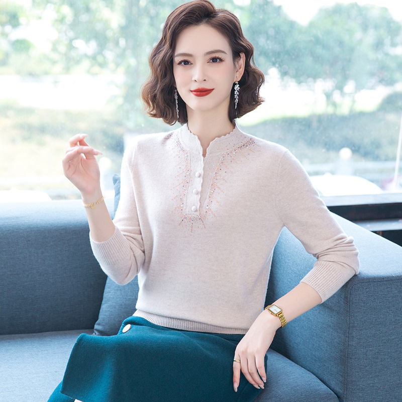 100纯羊毛衫中老年妈妈装新中式立领内搭镶钻针织衫毛衣打底衫女|undefined