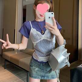 假两件蕾丝吊带短袖t恤女2025新款早春小个子修身短款设计感上衣