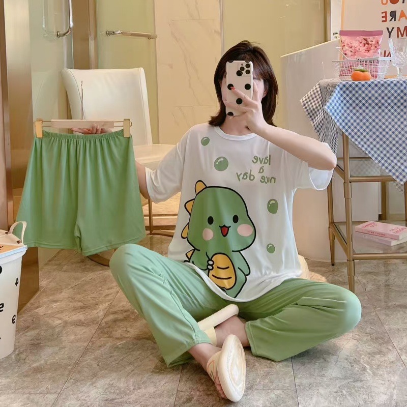 Pijamas de verano transfronterizos pijamas de leche de seda de tres piezas set de dibujos animados comercio exterior ropa para el hogar pantalones de mangas cortas lindos