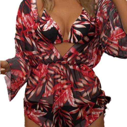 2025 European and American three-piece bikini leaf print belted fashionable long-sleeved beach sun protection swimsuit
