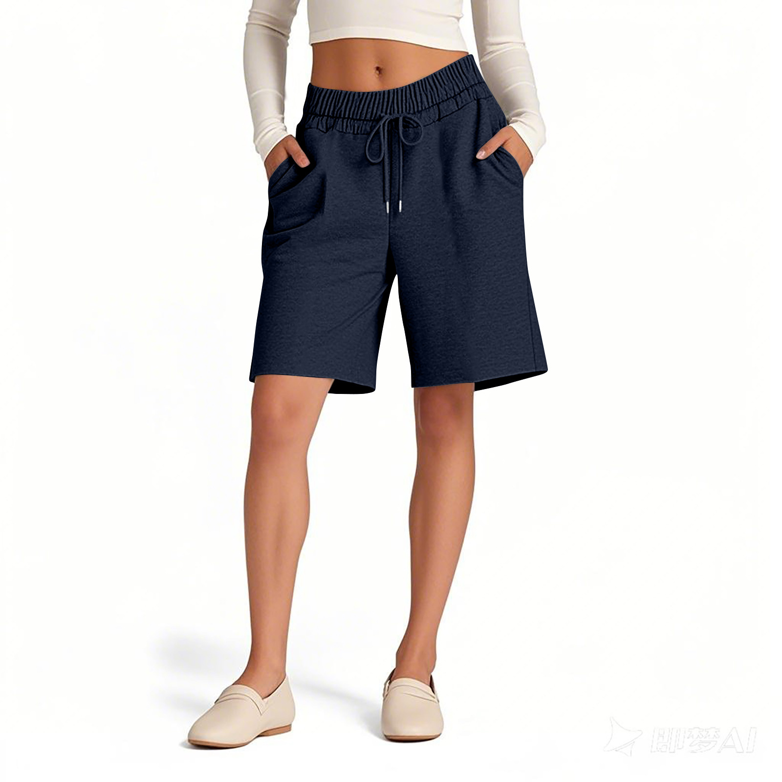 Loose Fit Women's Shorts Elastic Waist Solid Colour Casual Style_voghion.com
