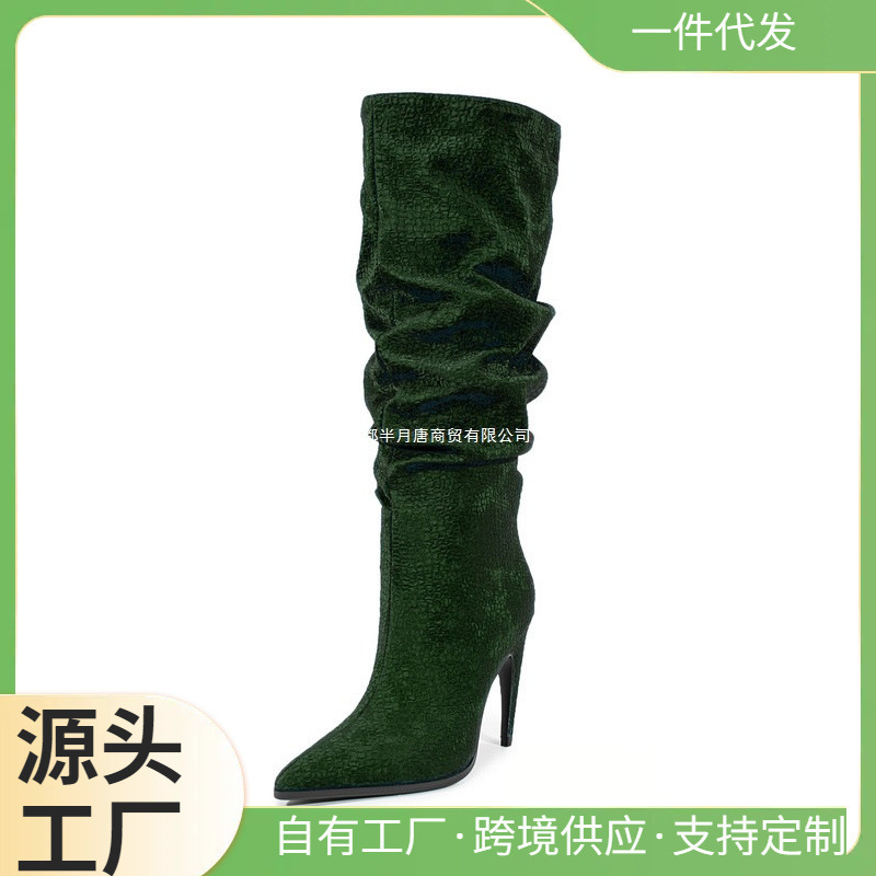 New Style Kitten Heel Knee-High Boots European and American Blue Ready-Made Cross-Border Plus-Size Women's Shoes Wholesale