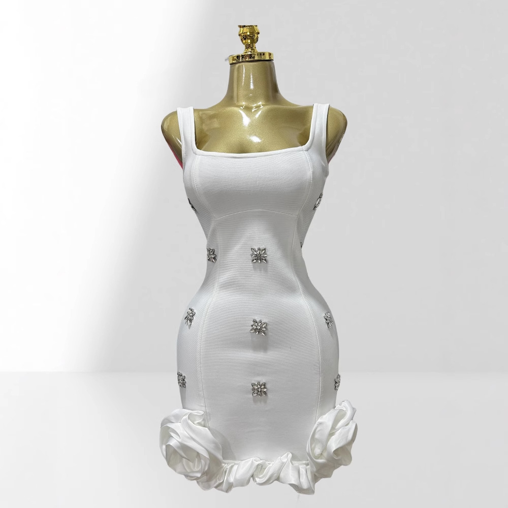 Women's Clothing Luxury Sleeveless Bandage Dress Rhinestone Embellished Tulip Shaped Skirt Bodycon Style Party Women's Clothing_ecoleips.com