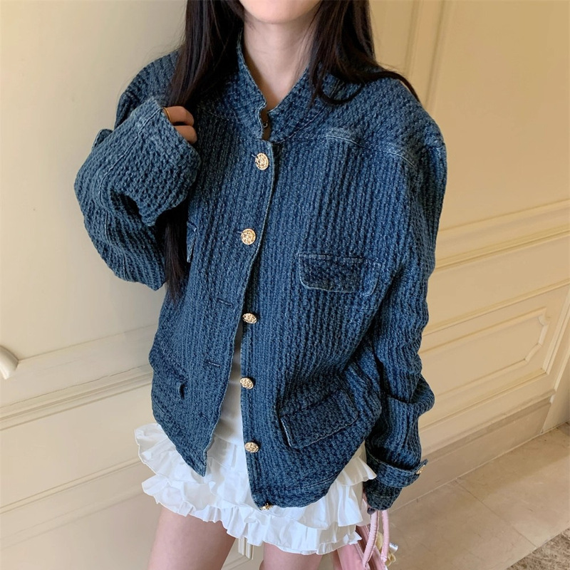 Denim Chanel-Style Jacket for Women, 2025 Autumn and Winter New Niche Textured H-Shaped Stand-Collar Jacket, Elegant Top