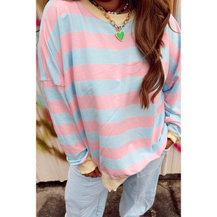 European and American Loose Stripesd Large Size Sweatshirt for Women 2025 Autumn and Winter New Color Matching Off-Shoulder Round Neck Pullover for Women