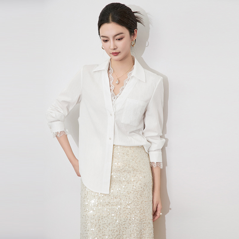 2501404-Shenzhen Nanyou Elegant Lace Lapel Top Washed Cotton Long Sleeve Fashionable Western Style Women's Shirt New Style