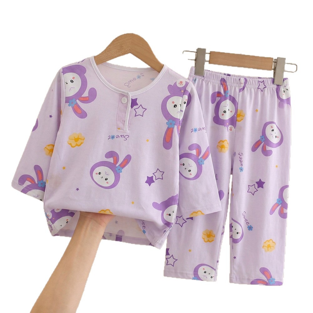 Summer Children's Pajamas, Thin Cotton Silk Sleepwear for Boys and Girls, Kids' Air Conditioning Clothing, Baby Cotton Silk Home Wear for Girls