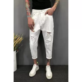 牛仔裤男夏季八分宽松破洞哈伦裤九分小脚裤白色精神小伙裤子ins