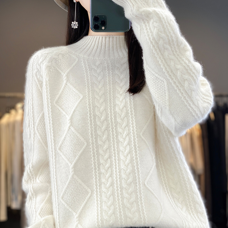 Autumn and winter New 100% pure woolen sweater women's half-high twisted long-sleeved sweater Korean style all-match wool bottoming sweater