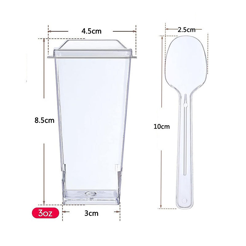 Amazon transfronterizo desechable PS taza de plástico transparente dura taza de pastel de mousse taza cuadrada con cubierta y cuchara conjunto