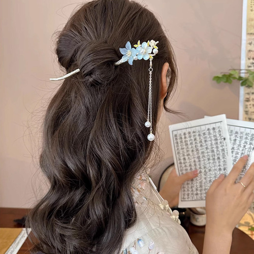 Ancient style peach blossom tassel hairpin for women, new Chinese style cheongsam hairpin on the back of the head, high-end hairpin, Hanfu headwear