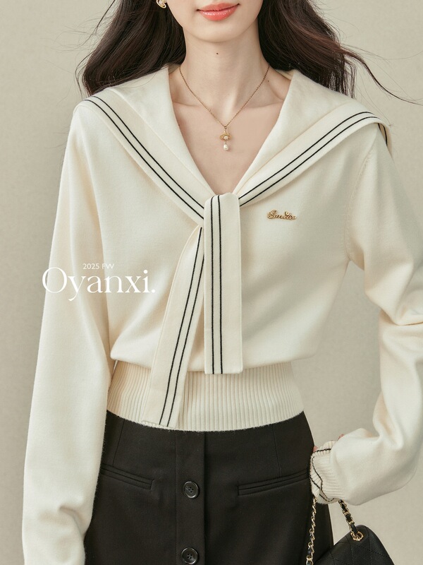 欧阳喜《航海少女》早秋韩系穿搭学院风海军领披肩长袖针织衫上衣|undefined
