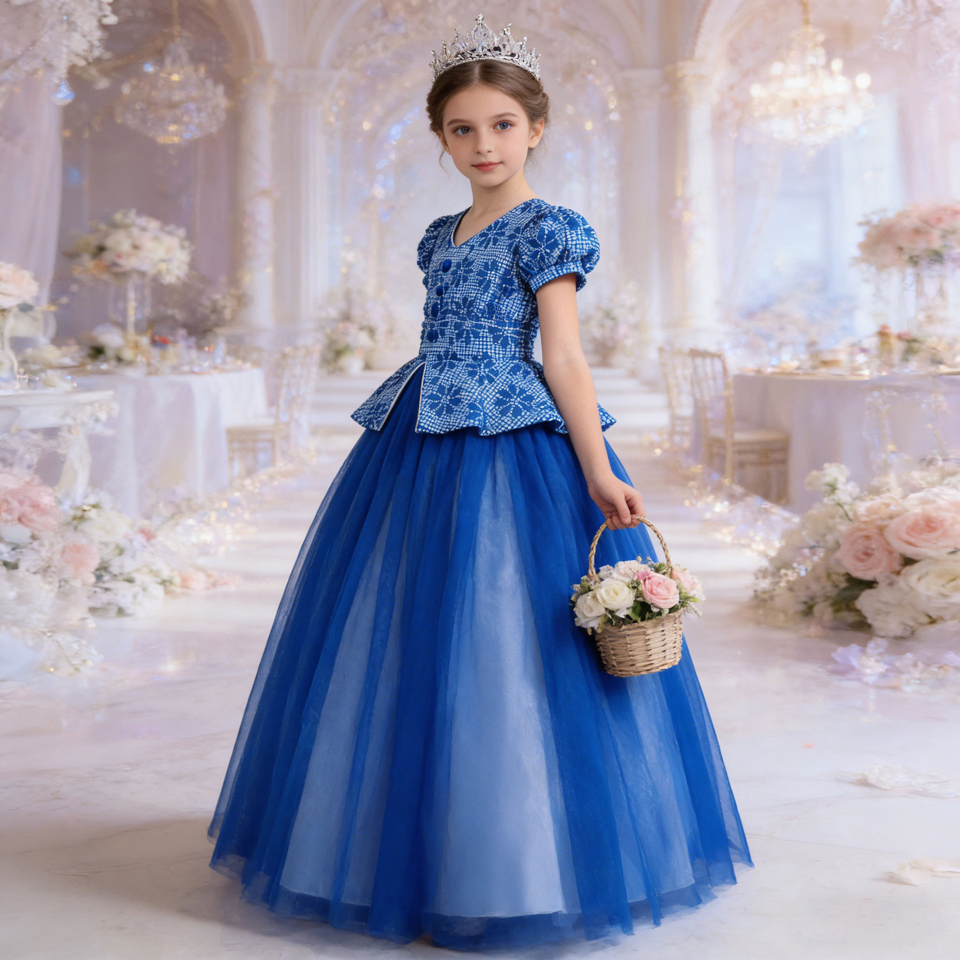 Transfronterizo nuevos niños princesa vestido houndstooth costura malla mullido vestido puff manga niñas etapa traje
