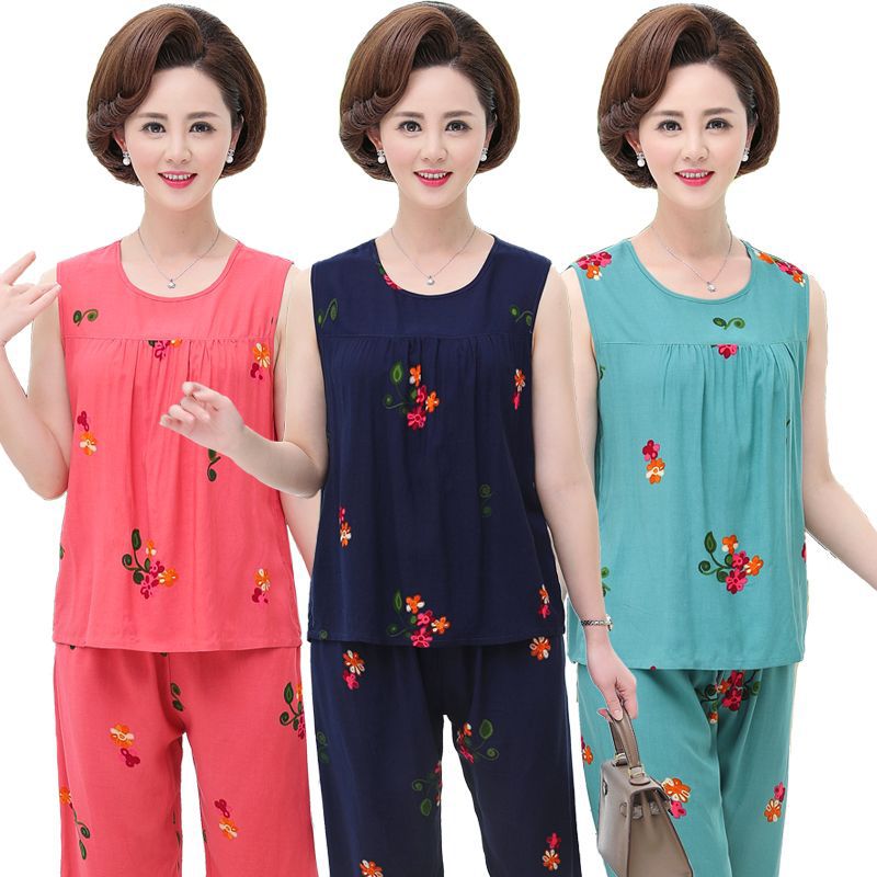 妈妈睡衣夏季中老年人棉绸两件套老人造棉可外穿绵绸家居服女薄款