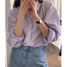 气质紫色衬衫女秋装新款韩版别致上衣打底复古港风宽松长袖衬衣