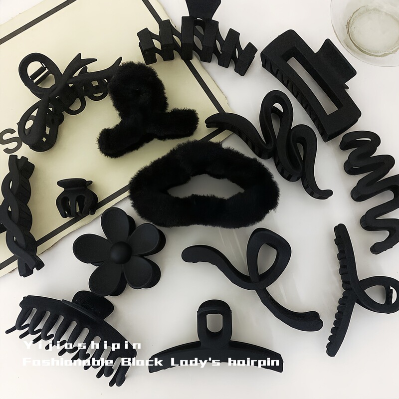 Hair Clip Set for Women, Mixed Black Design, Trendy Korean Style, Shark Hair Claw with Bow