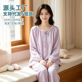纯棉纱布女士家居服2026春秋季新款系带圆领长袖长裤宽松透气睡衣
