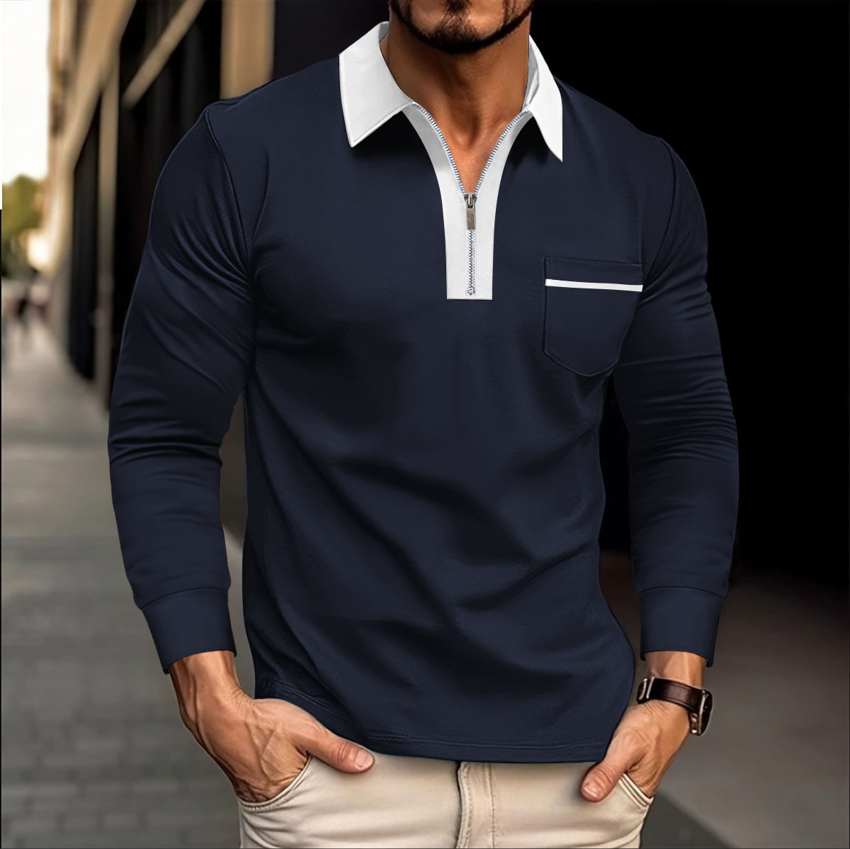 Nuevo nuevo transfronterizo Europa y América Amazon otoño de manga larga hombre bolsillo casual con cremallera casual polo image 13
