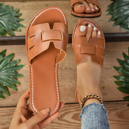 Women's Flat Sandals with Wide Fit, 2025 Summer New Round Toe Leather Patchwork Solid Color Slides for Women