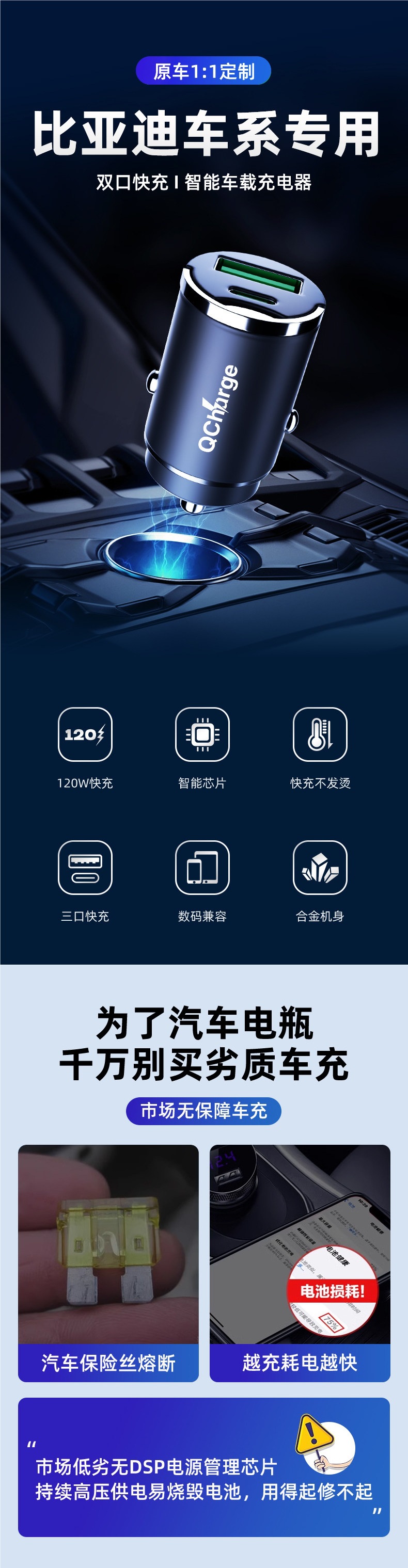 Suitable for BYD car charger cigarette lighter for Qin Plus, Qin L, Song, Seal 06, Seagull, Dolphin super fast charging
