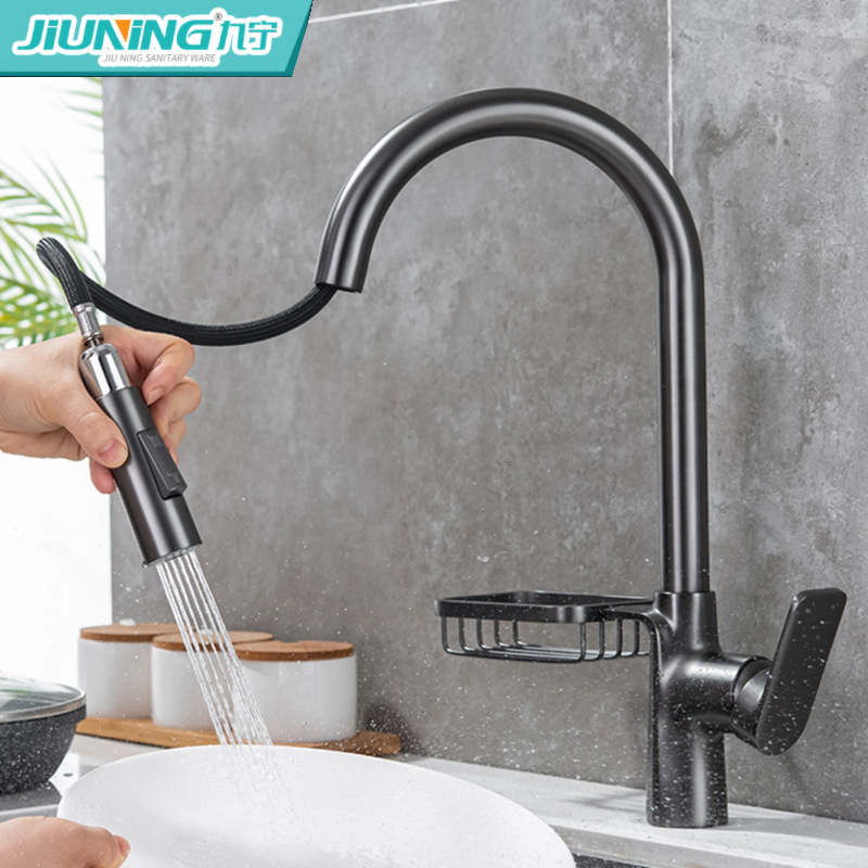 Nordic all copper black pull-out kitchen faucet hot and cold water washing basin sink sink basin faucet
