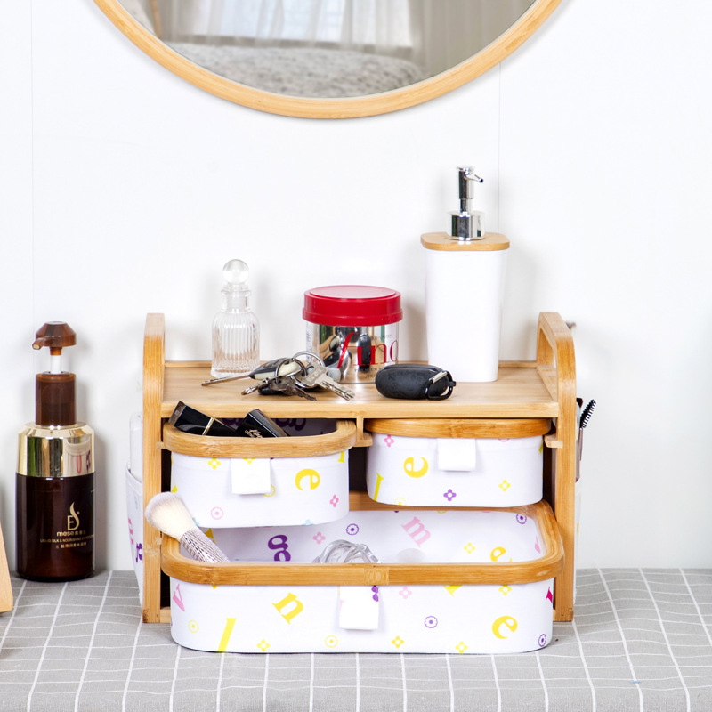 Estilo japonés tela de bambú de gran capacidad multifuncional caja de almacenamiento de cosméticos dormitorio escritorio cesta de almacenamiento de artículos diversos