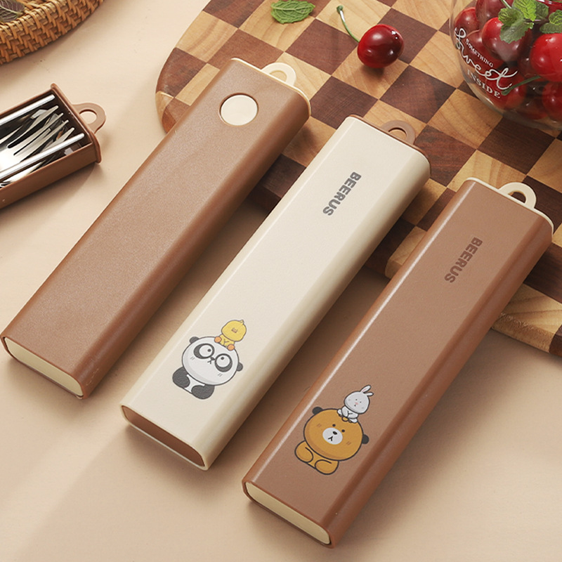 304不锈钢便携餐具带盒子勺叉筷三件套 学生旅行餐具外出餐具卡通