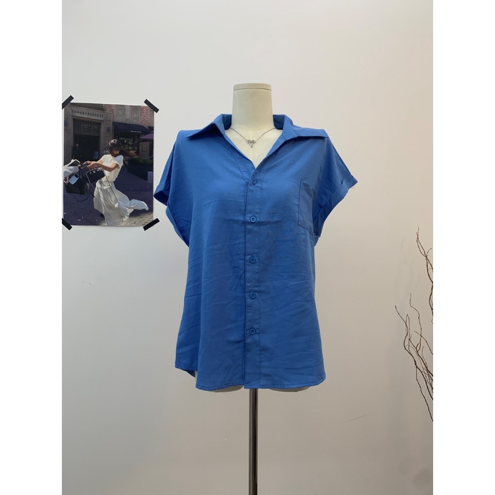 LC723实拍【原版面料65棉】韩系显白蓝色衬衣女卷边飞袖宽松百搭