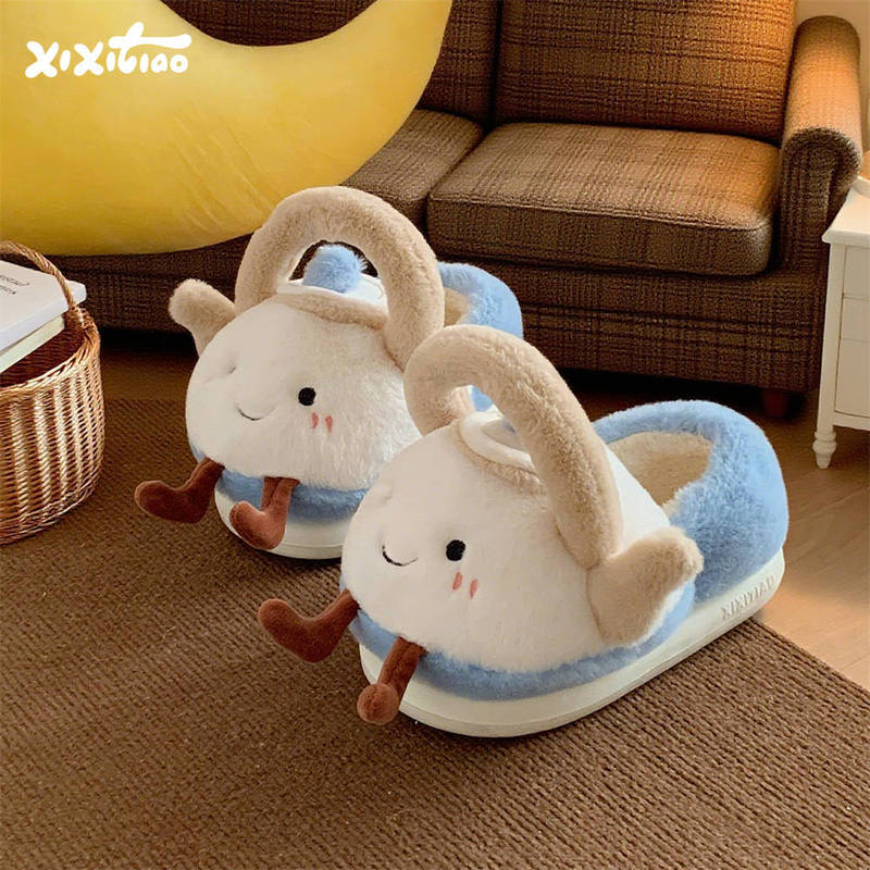 Thin Strips New Student Home Creative Kettle Cotton Slippers for Women Winter Warm and Cute Bag Heel Furry Shoes