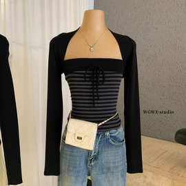 WGWE8103冬韩版性感风系带条纹抹胸女长袖短款针织开衫两件套潮