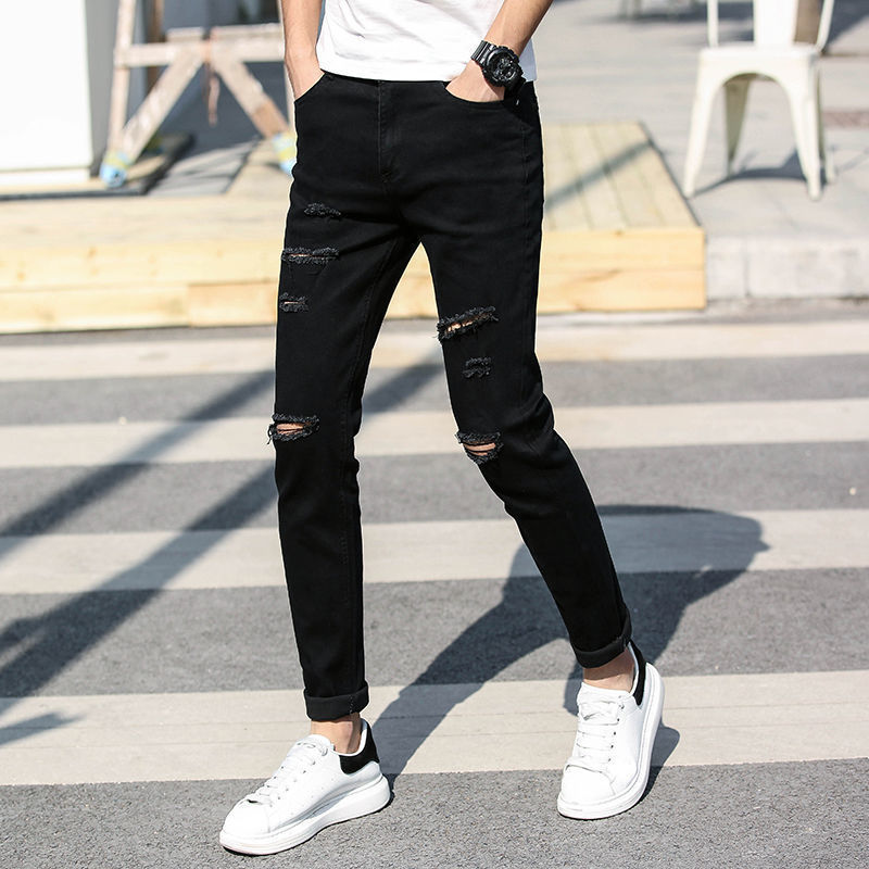 Ripped Jeans Men's Summer Thin Black Nine-Point Stretch Youth Trendy Casual Slim-Fitting Pants Long Pants