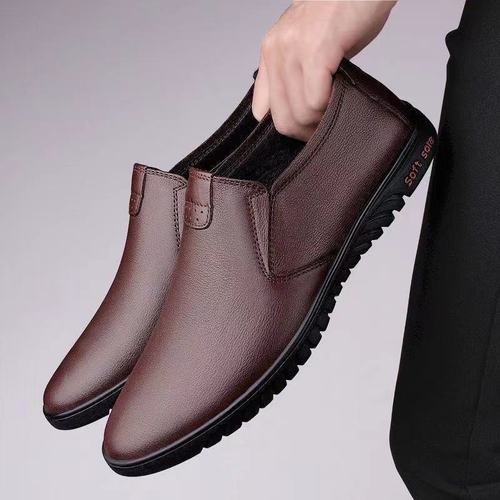 Men's Leather Shoes New Autumn/Winter Single Cotton Same Style Bead Shoes Soft Sole Elderly Shoes