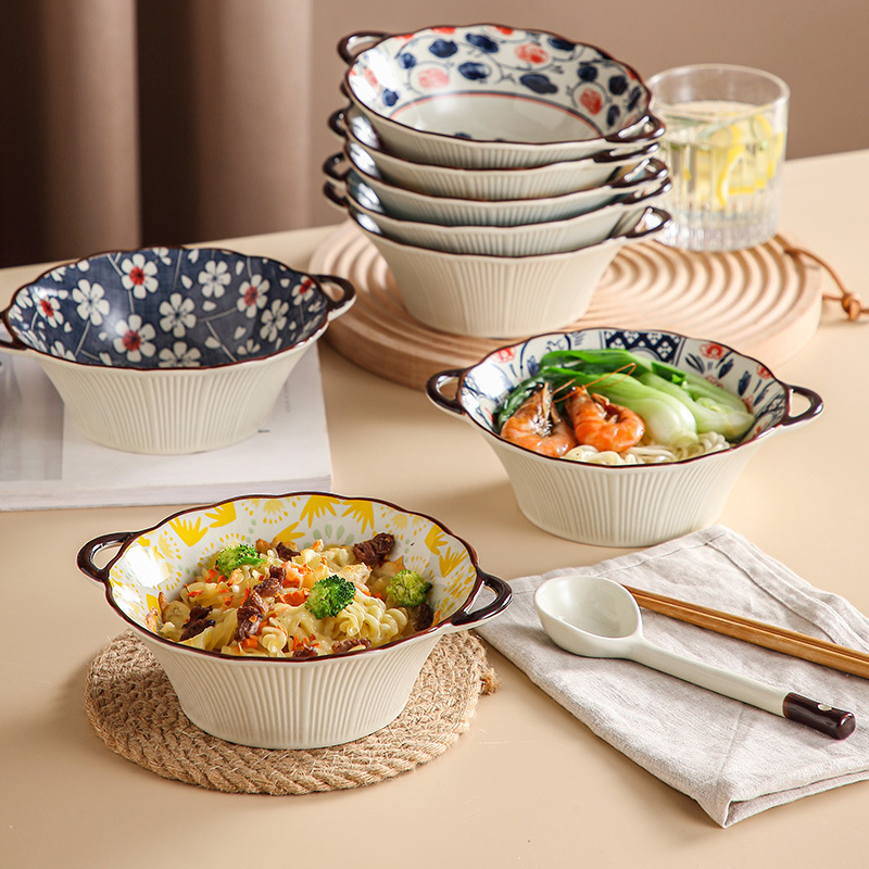 Bohemian binaural small size embossed rice bowl soup bowl Japanese retro flower ceramic tableware salad Goblet