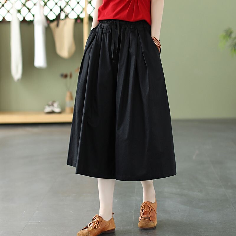Nylon Wide-Leg Cropped Pants Summer Loose Solid Color Thin Large-Leg Skirt Pants Casual Summer Retro Literary Elastic Waist Nylon Wide-Leg Cropped Pants Summer Loose Solid Color Thin Large-Leg Skirt Pants Casual Summer Retro Literary Elastic Waist
